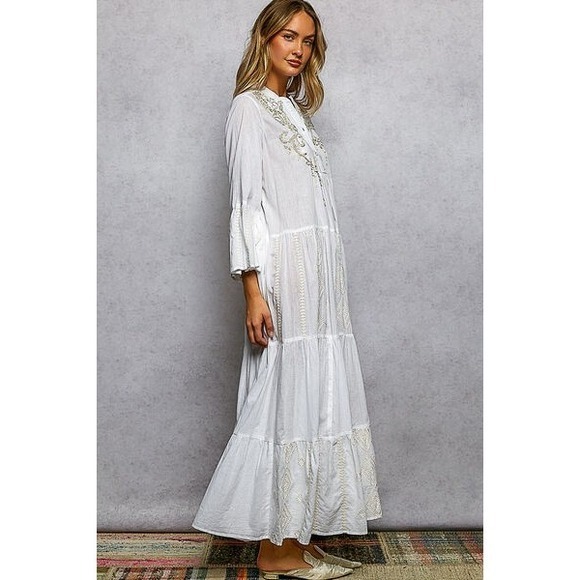 POL Cotton Embroidered Tiered Maxi Dress Boho Bell Sleeve Button Front - Picture 2 of 4